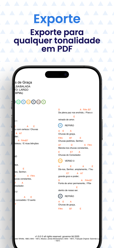 Harpa Cristã Cifrada (PRO) - Um smartphone mostrando a interface do aplicativo Harpa Crista Cifrada PRO com a opção de exportar cifras e letras de hinos para PDF em qualquer tonalidade.