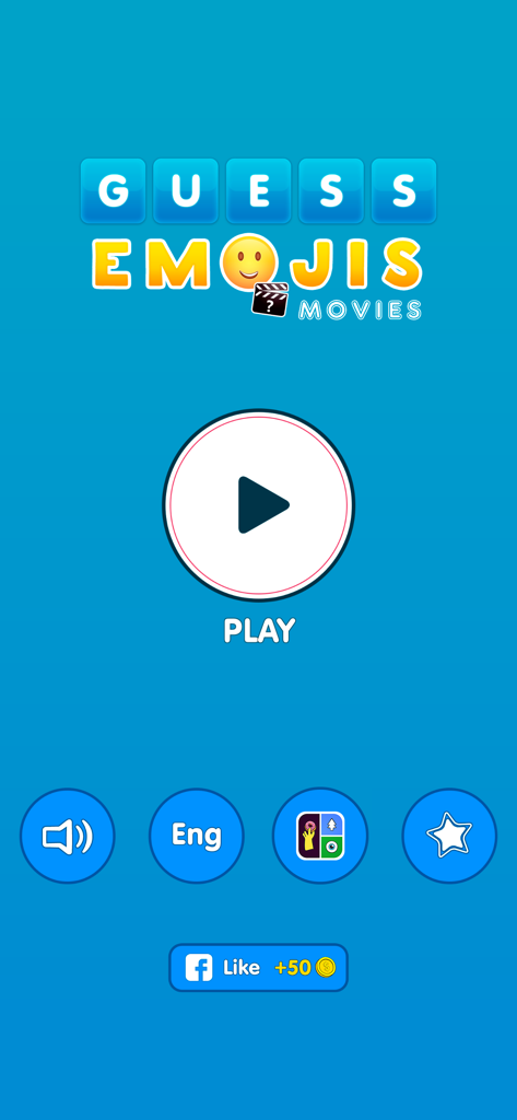 Menu principale del gioco trivia Indovina gli Emoji. Film con un grande pulsante play e icone delle impostazioni del gioco su sfondo blu