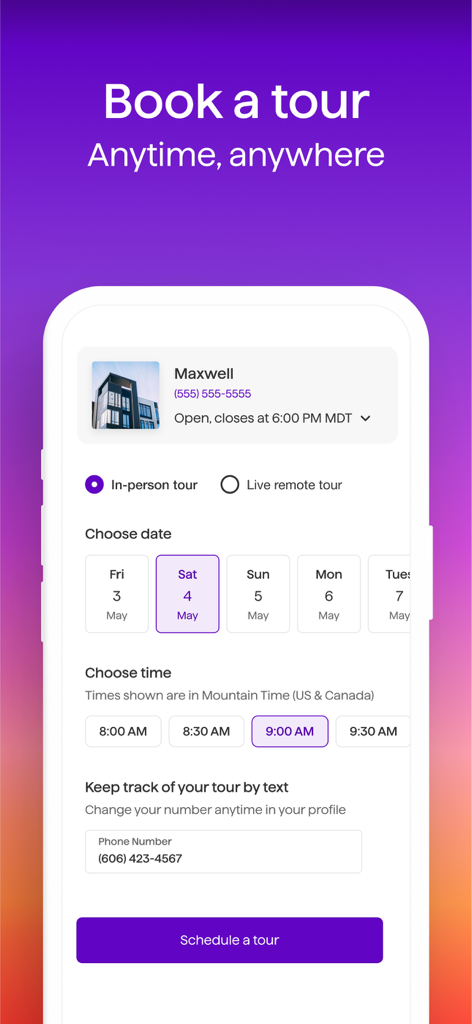 Interface móvel para agendar uma visita a um apartamento presencial ou remota