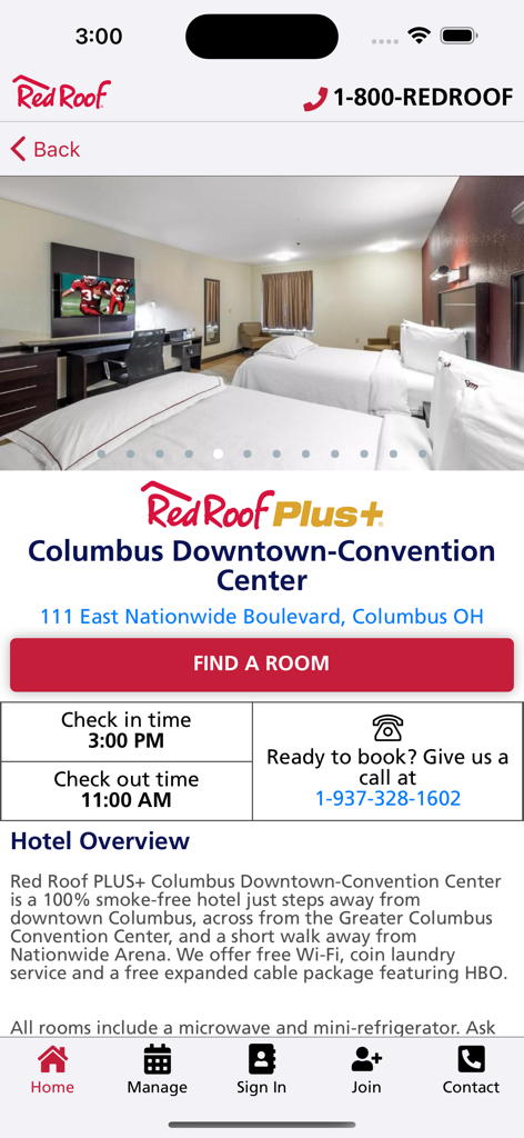 Red Roof - Red Roof PLUS app showing hotel details for Columbus Downtown with room photos and booking options