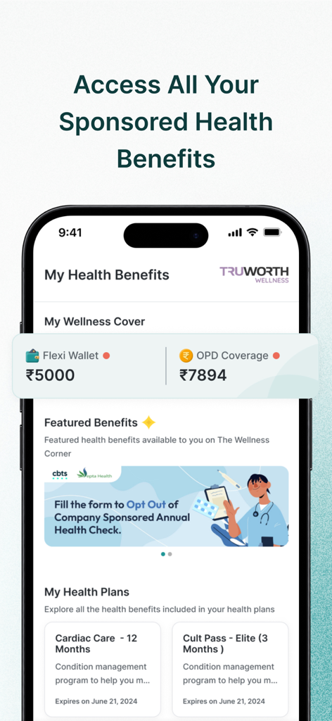 Um smartphone mostrando o painel da aplicação The Wellness Corner com benefícios de saúde e planos de bem-estar patrocinados pela empresa.