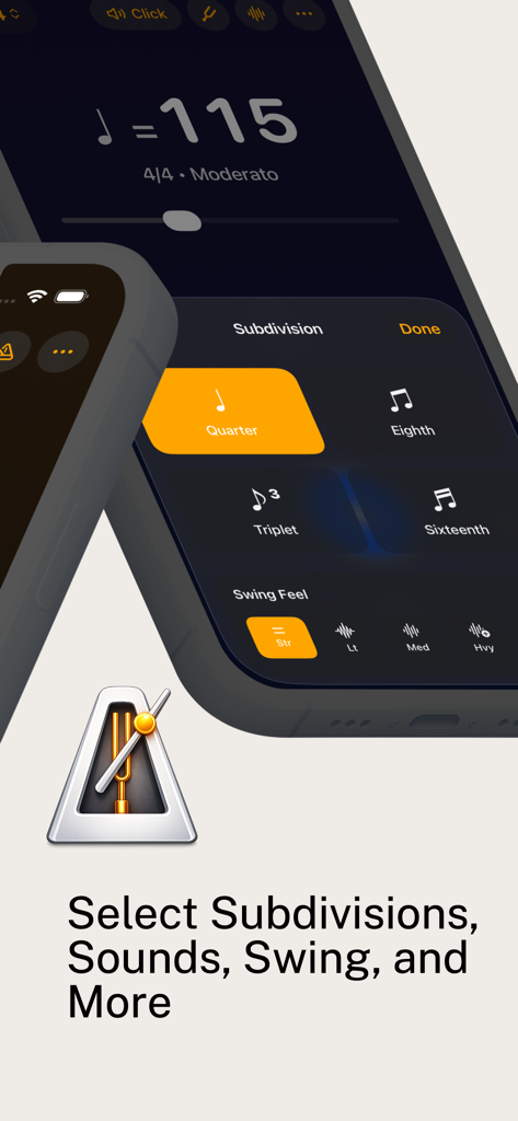 Metronome & Tuner: Tap Tempo - Interface of the Metronome and Tuner app showing options for musical subdivisions and swing feel