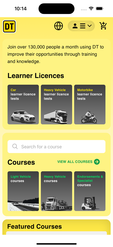 Dashboard of DT Driving Tests app showing learner license categories for car heavy vehicle and motorbike