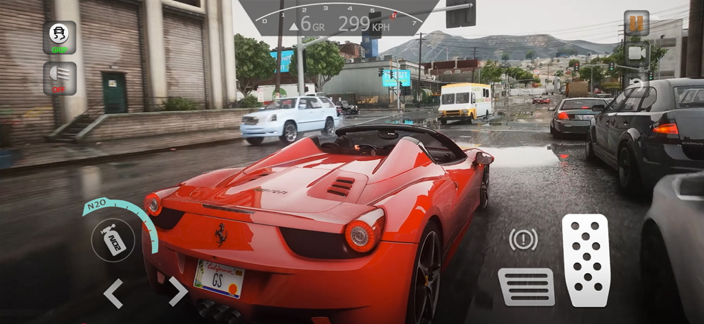 Gameplay of a red sports car driving on a realistic city street with traffic and on screen controls