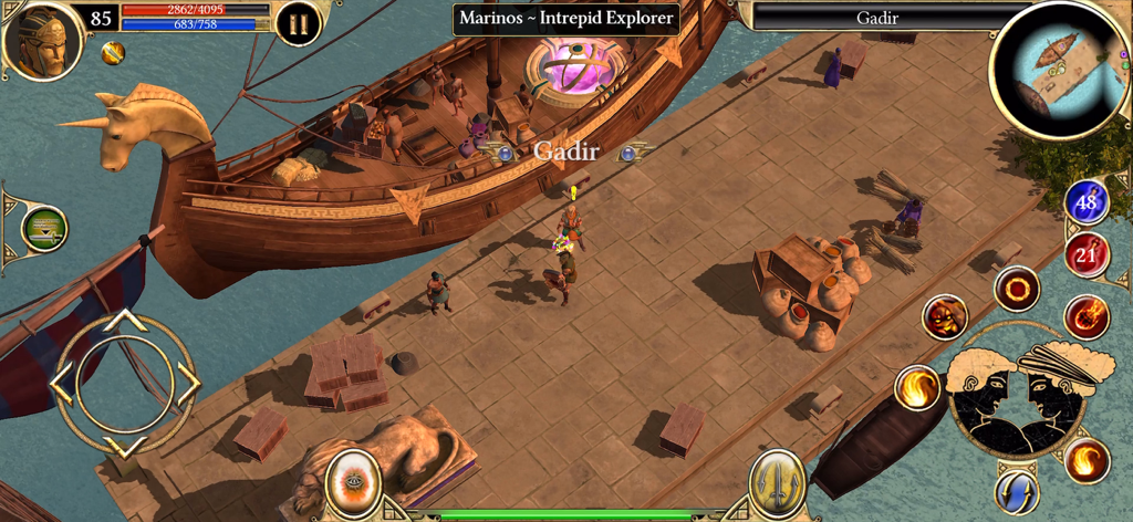 Titan Quest: Legendary Edition - A hero stands on the stone docks of Gadir next to a large mythological ship in Titan Quest Legendary Edition