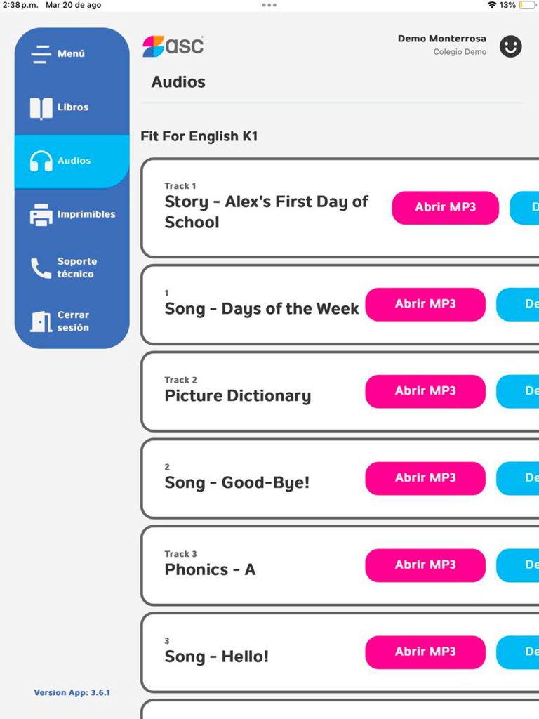ASC - Tela do aplicativo ASC mostrando lições de áudio e músicas para alunos de inglês