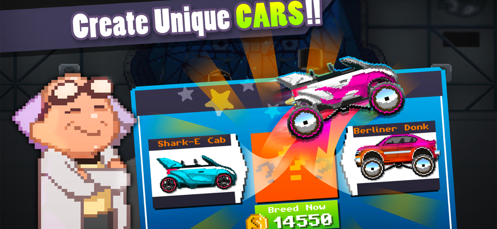 Motor World: Car Factory - Pixel art screenshot showing the car breeding menu where players can mix different car models to create unique vehicles.