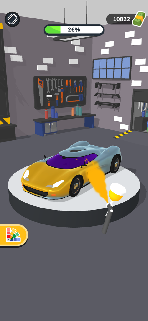 Car Master 3D - Una simulazione 3D che mostra un'auto sportiva argentata che viene verniciata di giallo in una carrozzeria professionale