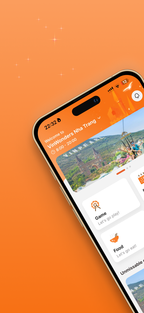 VinWonders - VinWonders app home screen interface showing Nha Trang theme park activities and dining options