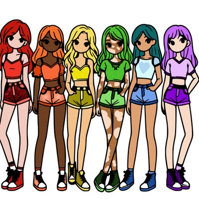 a group of girls wearing crop tops and shorts