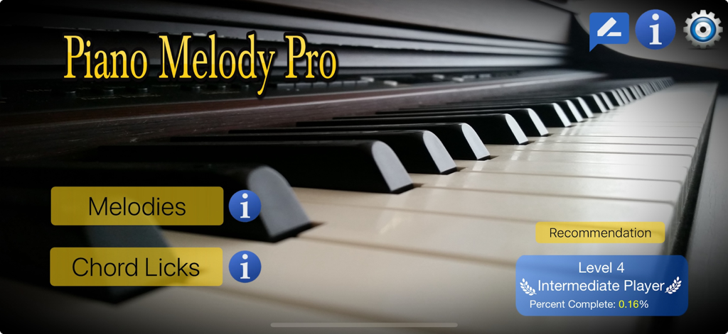 Tela inicial do aplicativo Piano Melody Pro mostrando opções de menu para Melodias e Acordes sobre um teclado de piano.