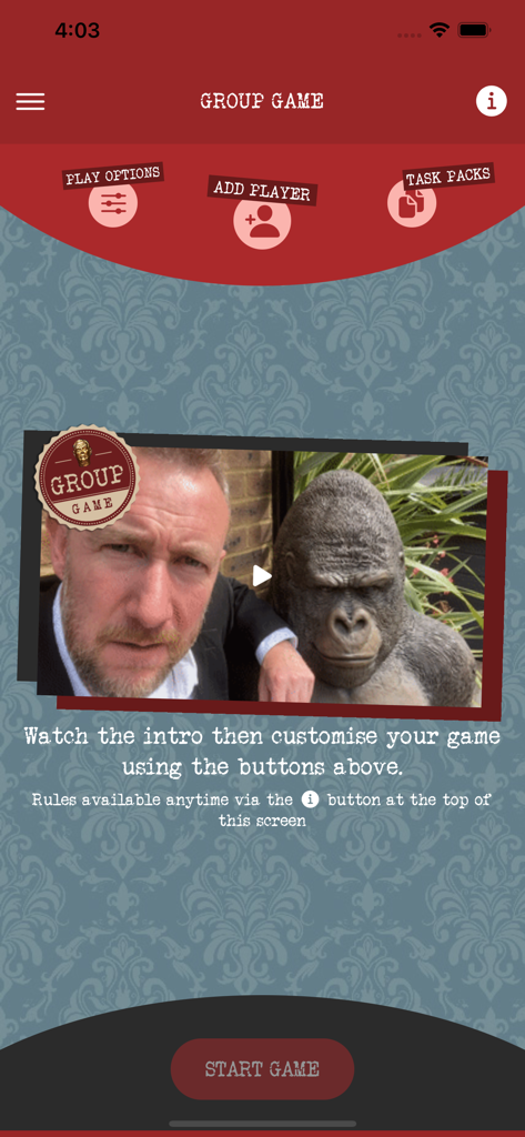 Taskmaster The App - The group game setup screen in the Taskmaster app featuring Alex Horne and menu options for players and task packs