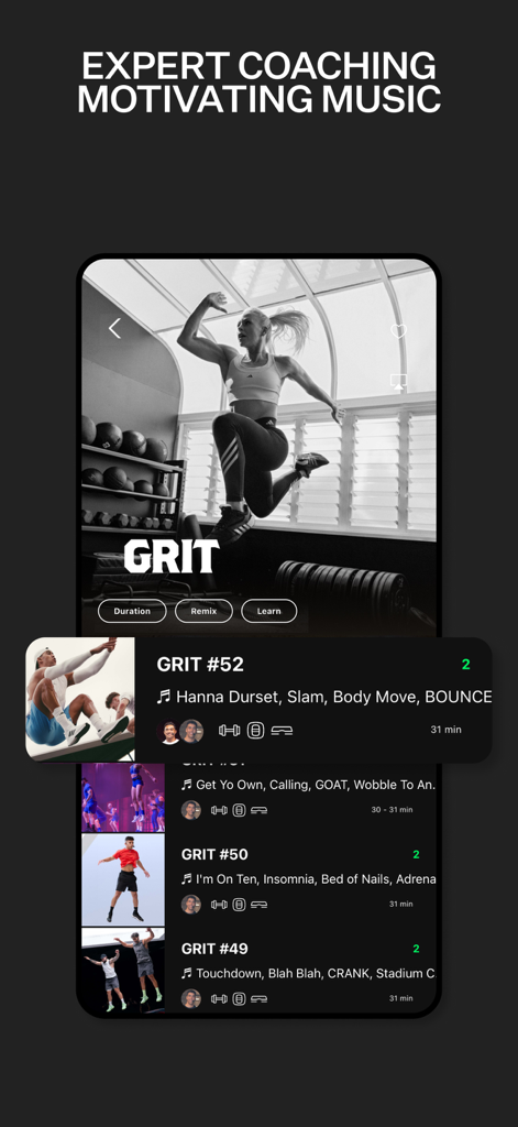 Smartphone screen showing the LES MILLS plus app with a list of high intensity GRIT training sessions