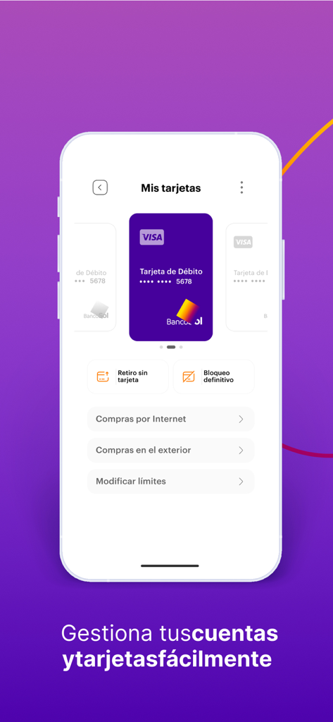 BancoSol - BancoSol mobile app interface showing debit card management features including options for international and online purchases