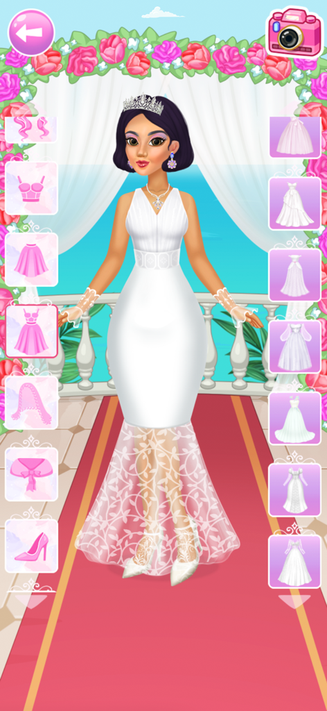Uma personagem de noiva usando um vestido de casamento branco e tiara dentro da interface do jogo mostrando várias opções de roupas e acessórios
