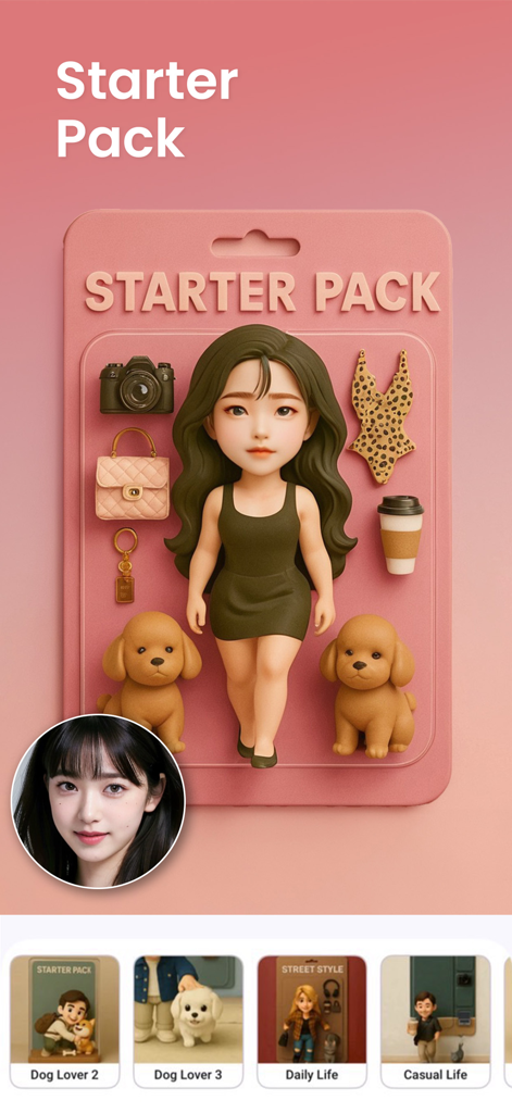 Vivid Glam Video/Photo Retouch - Vivid GlamアプリのAIアバタージェネレーター機能、様式化された3Dキャラクターのスターターパックを表示