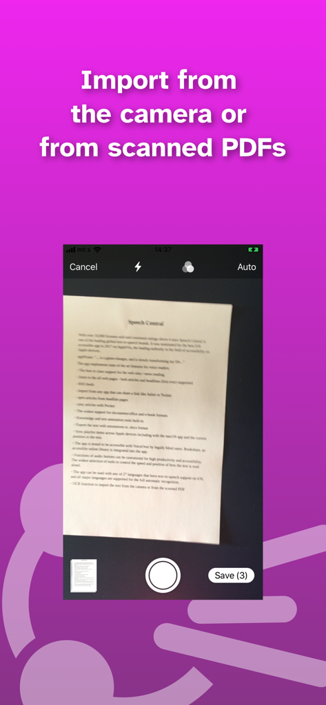 Interfaz de la aplicación Speech Central que muestra la función de escaneo de documentos e importación de cámara para texto a voz.