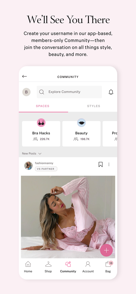 Seção Comunidade do aplicativo Victoria's Secret com espaços para membros e conteúdo de estilo de vida