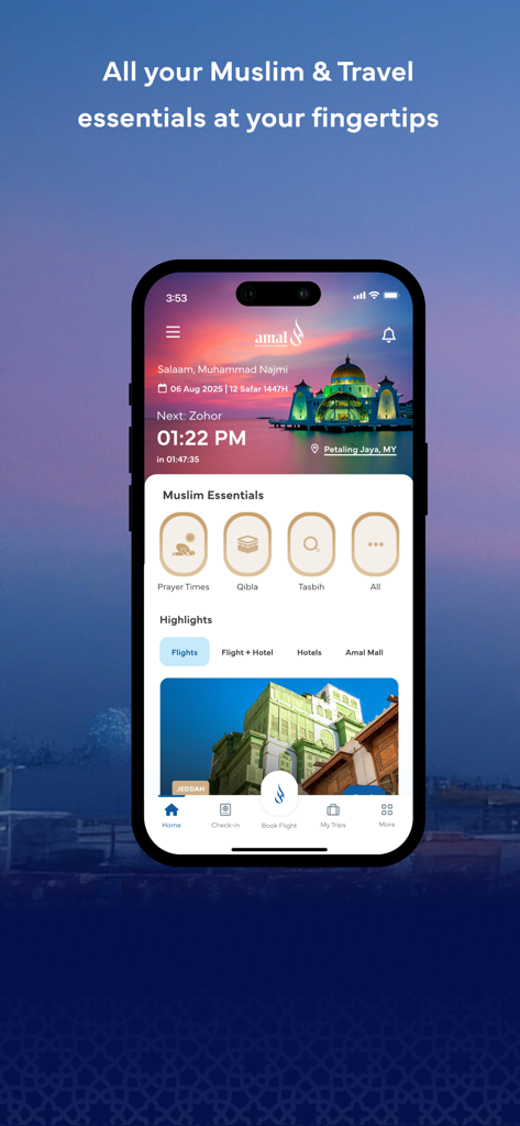 Amal by Malaysia Airlines - Amal by Malaysia Airlines app home screen showing prayer times qibla and travel booking options