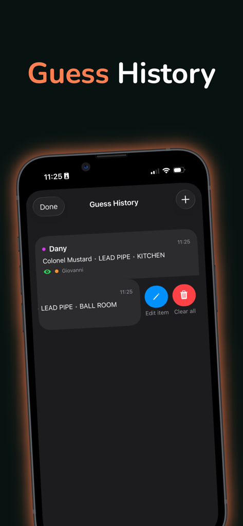 Clue Notepad - Detective Game - Interfaz de la aplicación Clue Notepad que muestra la función Historial de Conjeturas para rastrear las deducciones de los jugadores durante un juego