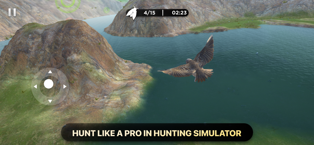 Bird Fly High 3D Simulator - A bird flying over a lake in a 3D nature hunting simulator game environment