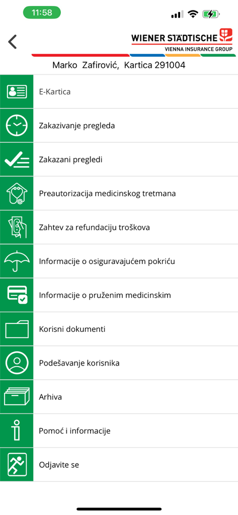 Main menu of the Wiener Zdravlje health insurance app with a list of service options