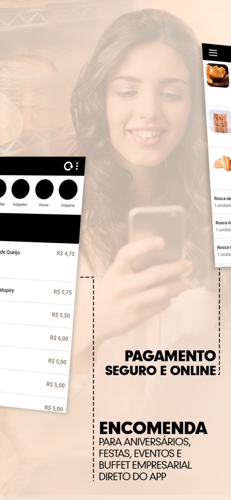 Panificadora Ceci - Mulher usando o aplicativo móvel Panificadora Ceci para pedidos online seguros de alimentos e catering