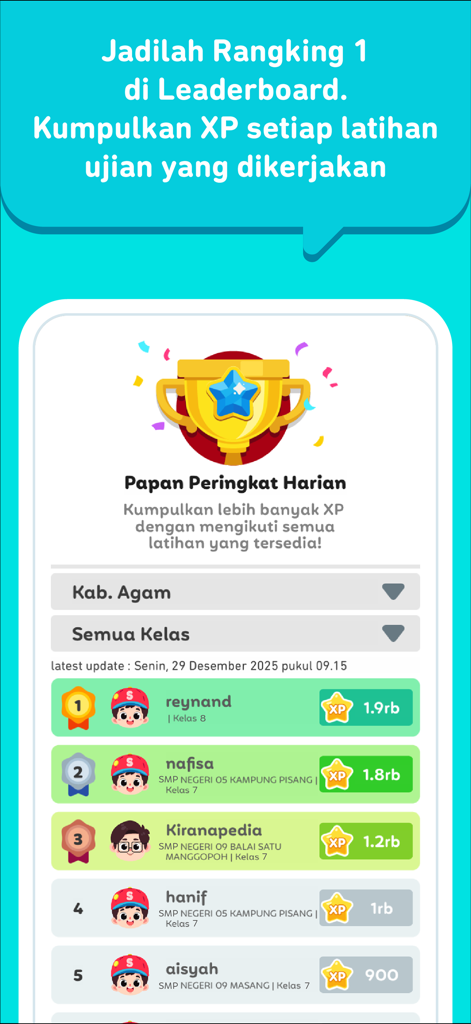Soal Ujian SMP + TKA - A daily leaderboard showing student rankings and XP scores for school exam practice.