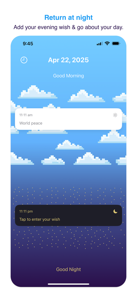 ピクセルアートの雲と星が表示された、11:11 Make a Wish アプリの朝と夕方のマニフェステーション儀式セクションを表示するインターフェース。