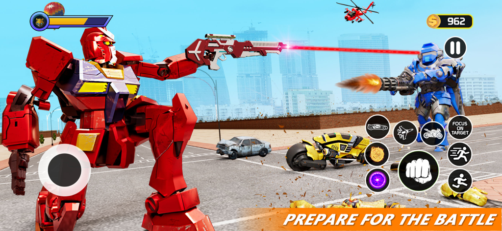 Red giant robot shooting a laser gun at a blue robot in a city battle