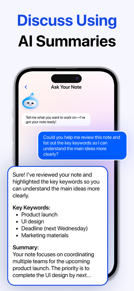 Interfaccia chatbot AI all'interno dell'app che riassume le note della riunione con parole chiave e una panoramica del progetto.