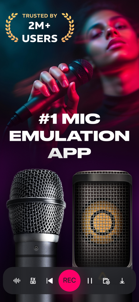 Microphone Live-Voice Recorder - Promotional screen for Microphone Live-Voice Recorder app highlighting mic emulation and two million plus users