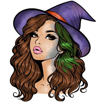 realistic witch girl with wavy hair and lips