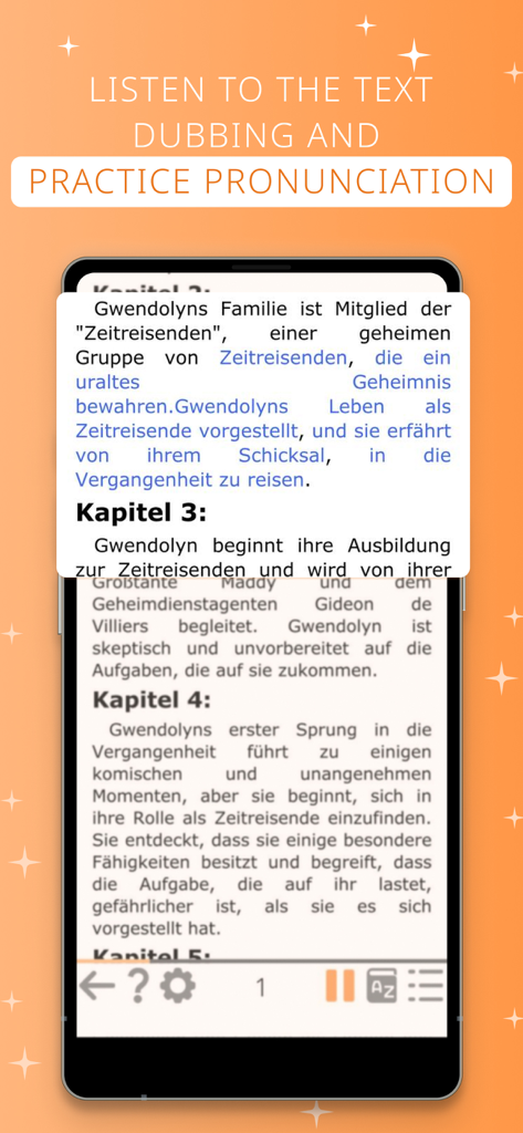 AnyLang app showing German text dubbing and pronunciation practice.
