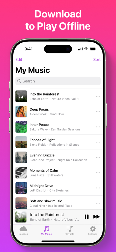 Offline Music Player - Mix - Interface da aplicação Leitor de Música Offline Mix a mostrar a biblioteca Minha Música com faixas descarregadas num iPhone