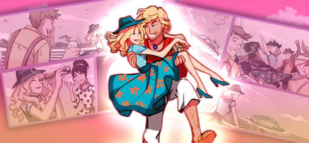 Funmania: time management game - A man carrying a woman in a floral dress in a romantic comic scene from Funmania game