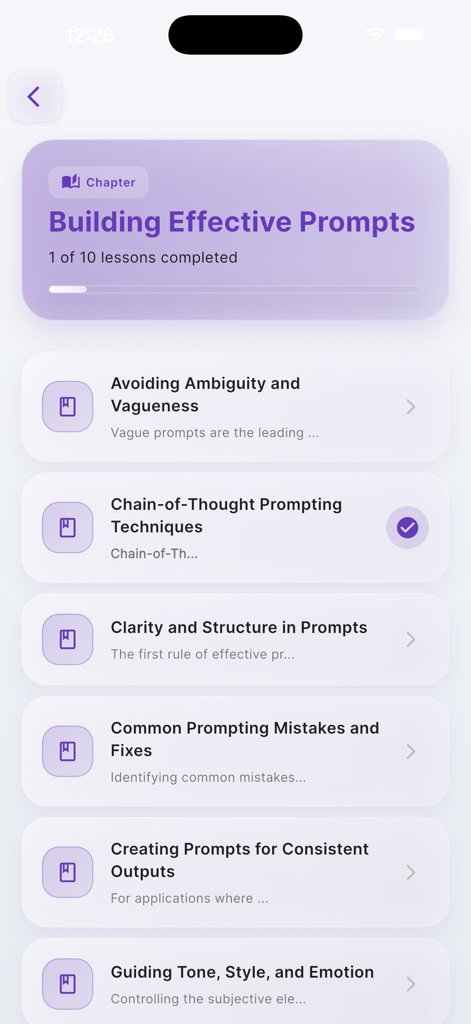 Mobile app screen showing a list of lessons for building effective AI prompts