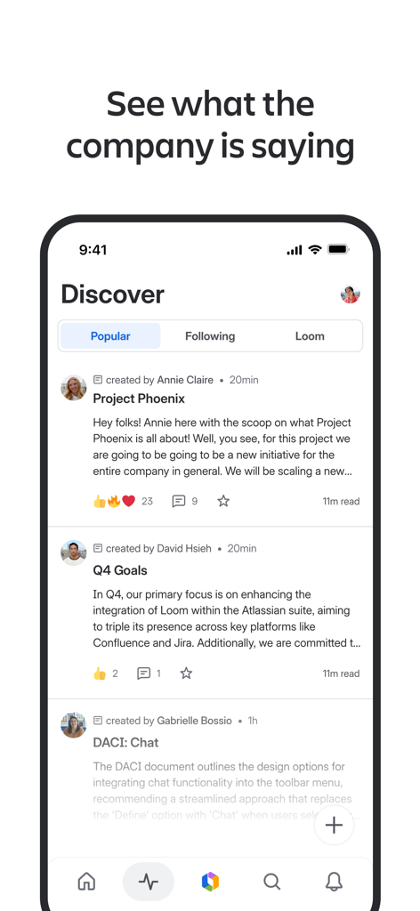 Confluence Cloud mobile app interface showing the Discover feed with team updates and project summaries