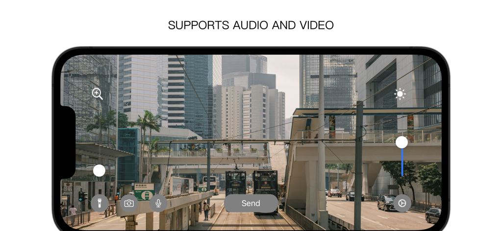 NDI HX Camera app interface showing a live street view with audio and video stream controls