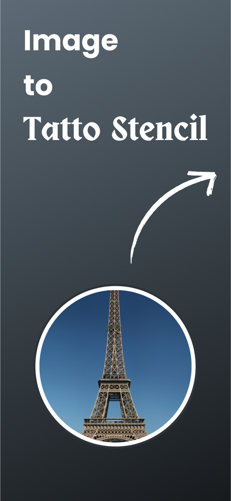 Tattoo Stencil Maker app interface showing the process of converting an image of the Eiffel Tower into a tattoo stencil