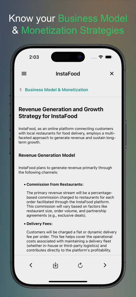 Startup AI: Idea Validator - AI generated report showing revenue generation and growth strategy for a startup idea on a mobile phone screen.