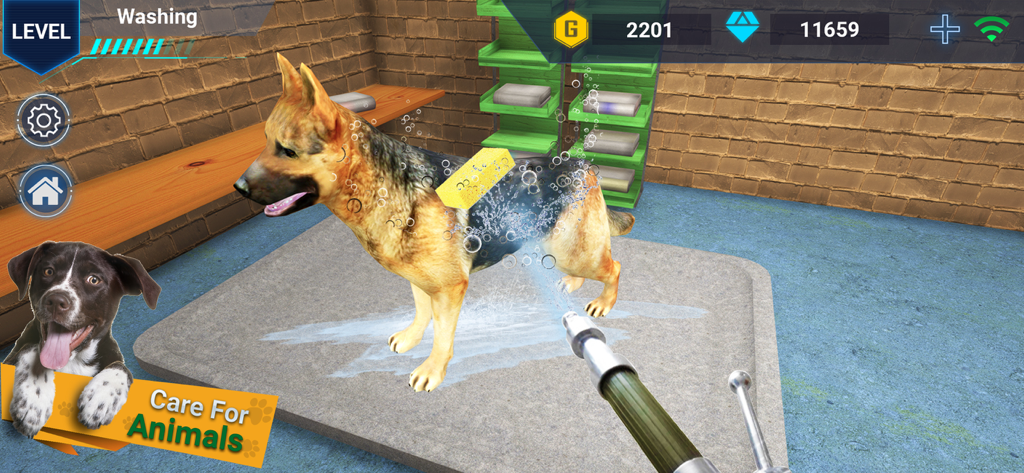 Virtual Pet Shelter Simulator - A German Shepherd being washed in the Virtual Pet Shelter Simulator game