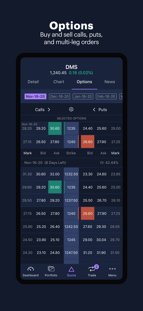 Power E*TRADE-Advanced Trading - Power ETRADE mobile app interface showing an advanced options chain with calls and puts for active trading
