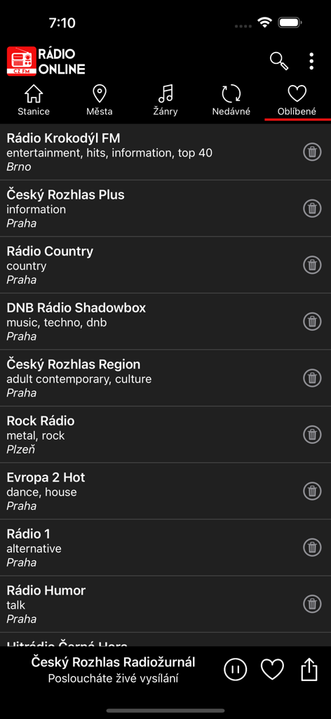 Rádio Online Česká - Uma lista de estações de rádio checas favoritas apresentada na interface da aplicação móvel Rádio Online República Checa.