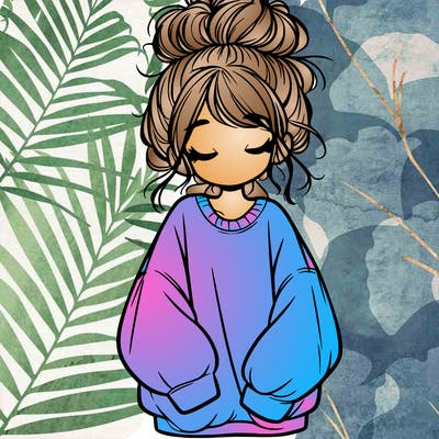 girl with baggy sweatshirt and messy bun