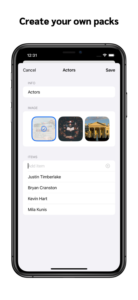 Who am I? - Party Game - Interface of Who am I app showing custom pack creation with list of actors