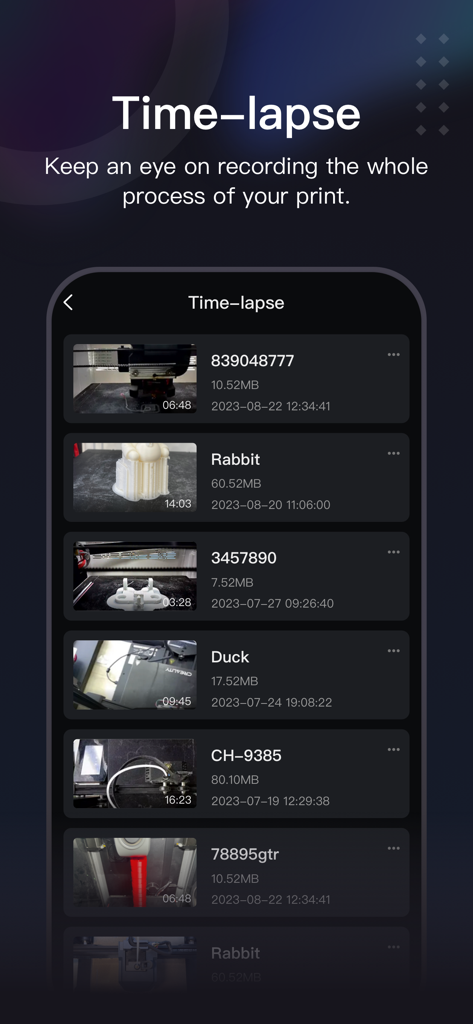 Creality Cloud Lite - Una lista di video time-lapse di stampa 3D che mostrano miniature e dettagli dei file nell'interfaccia dell'app Creality Cloud Lite.