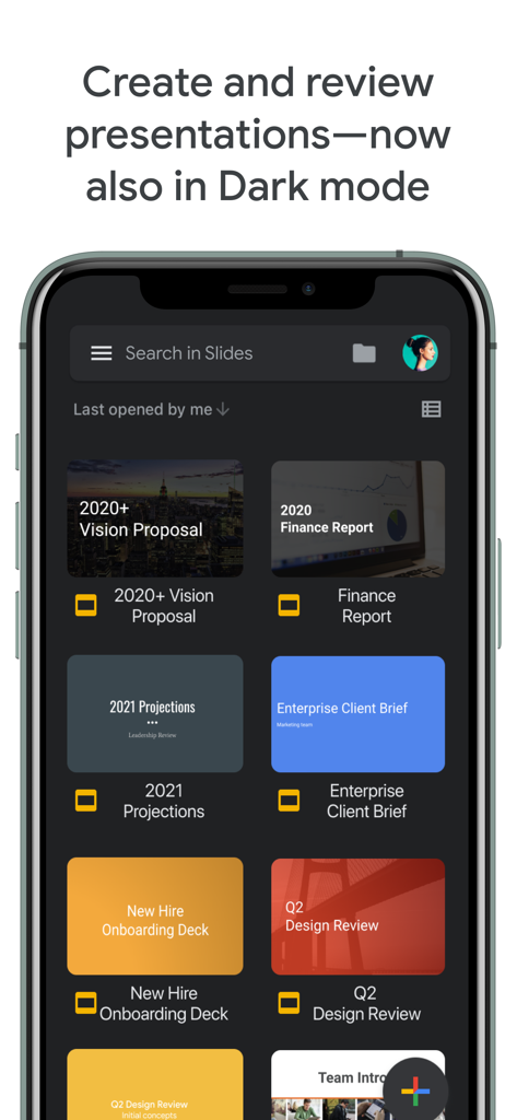 Google Slides app dashboard on a smartphone showing multiple presentations in dark mode