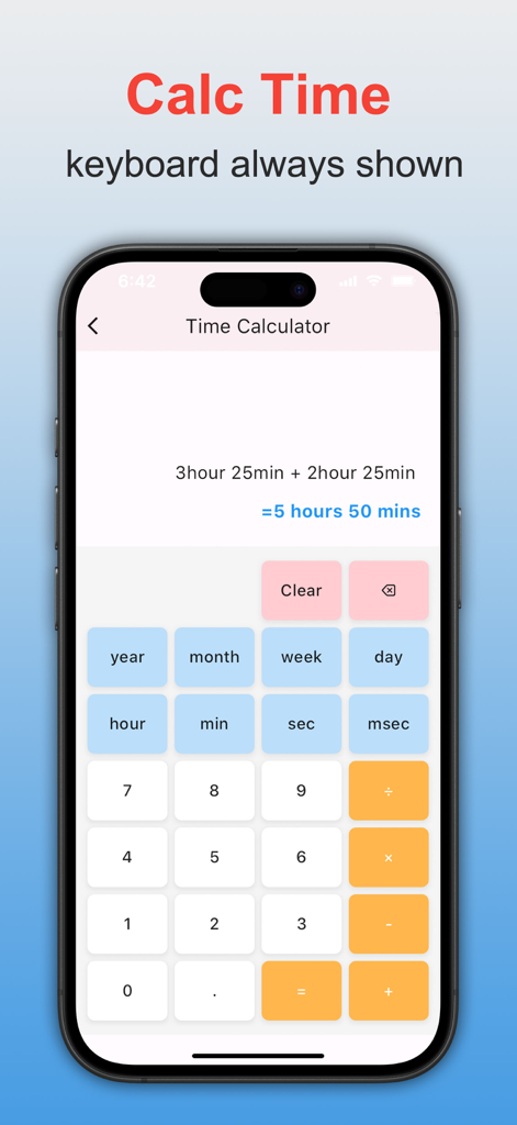 Calculator Box:All-in-one clac - Calculator Box app interface showing a time calculator adding hours and minutes with an integrated keyboard
