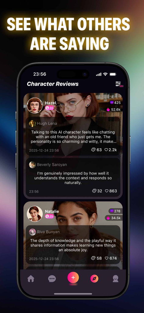 Roleplay Chat AI, Fantasy: Cha - Smartphone screen showing community reviews and ratings for different AI roleplay characters.